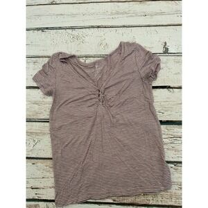 American Eagle Soft & Sexy Henley V-Neck Striped T-Shirt Mauve White Small